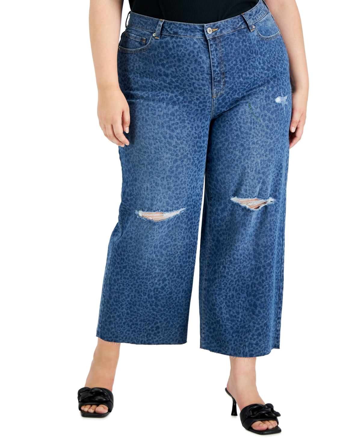 INC International Concepts Women's Cheetah Print Destructed Wide Leg Jeans Blue Size 18W