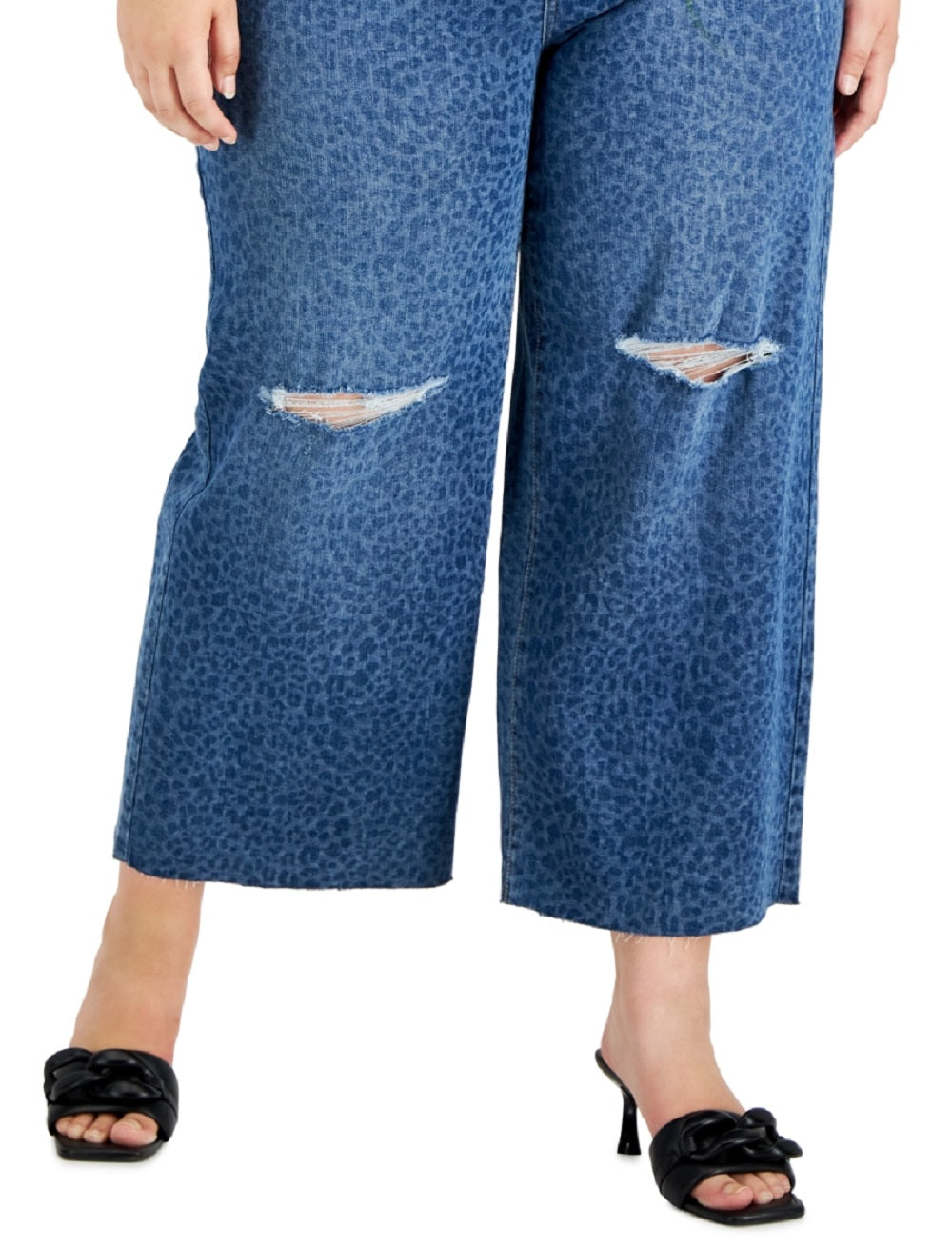 INC International Concepts Women's Cheetah Print Destructed Wide Leg Jeans Blue Size Petite Small
