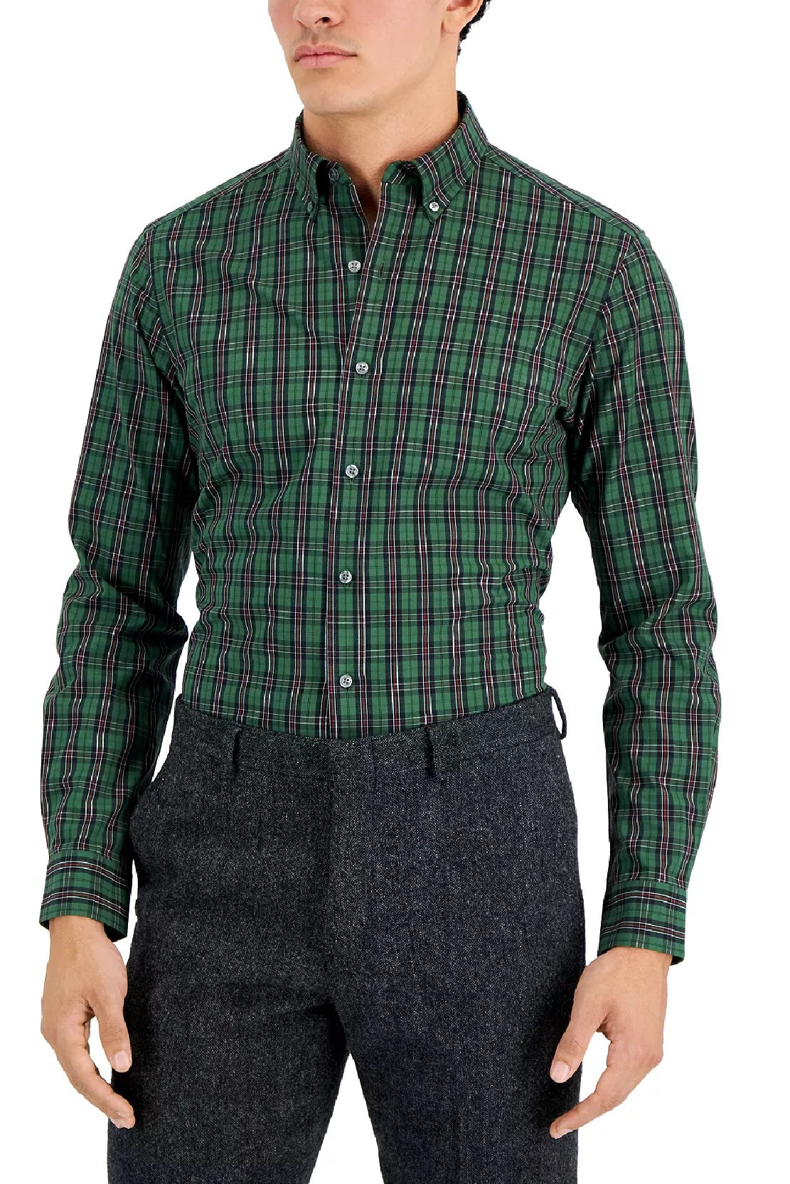 Club Room Men's Slim Fit 4 Way Stretch Plata Plaid Dress Shirt Green Size X-Large