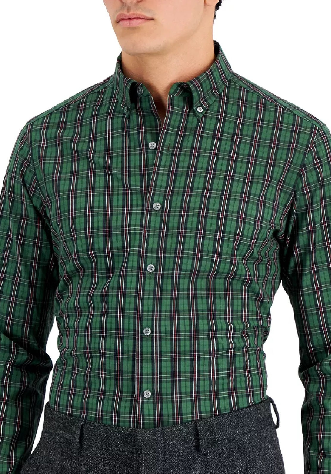 Club Room Men's Slim Fit 4 Way Stretch Plata Plaid Dress Shirt Green Size X-Large