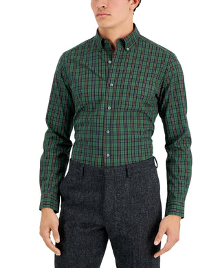 Club Room Men's Slim Fit 4 Way Stretch Plata Plaid Dress Shirt Green Size XX-Large