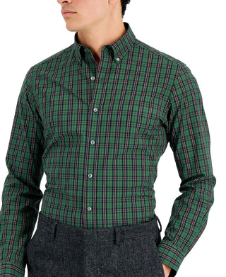 Club Room Men's Slim Fit 4 Way Stretch Plata Plaid Dress Shirt Green Size XX-Large