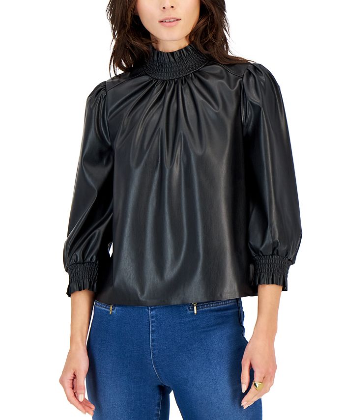 INC International Concepts Women's Faux Leather Smocked Neck Top Black Size Medium