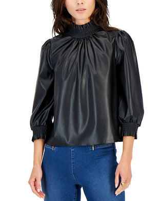 INC International Concepts Women's Faux Leather Smocked Neck Top Black Size Medium