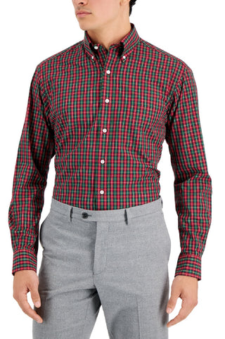 Club Room Men's Regular Fit Tumaco Plaid Cotton Dress Shirt Red Size 16.5X34X35