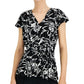 Alfani Women's V Neck Pleated Tie Waist Short Sleeve Top Black Size Medium