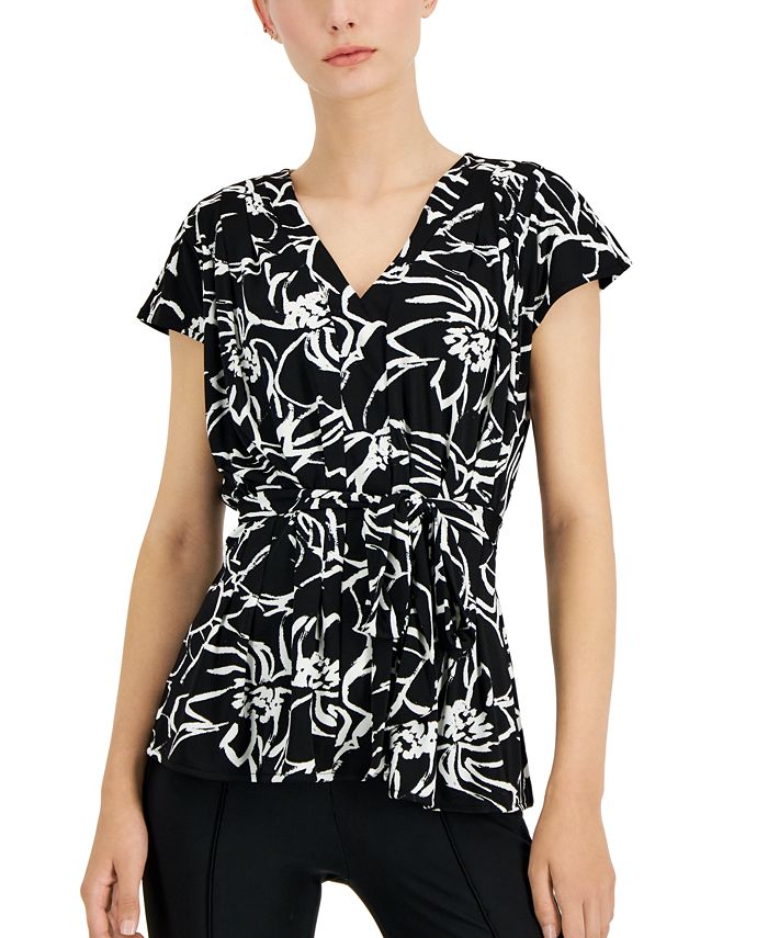 Alfani Women's V Neck Pleated Tie Waist Short Sleeve Top Black Size Medium