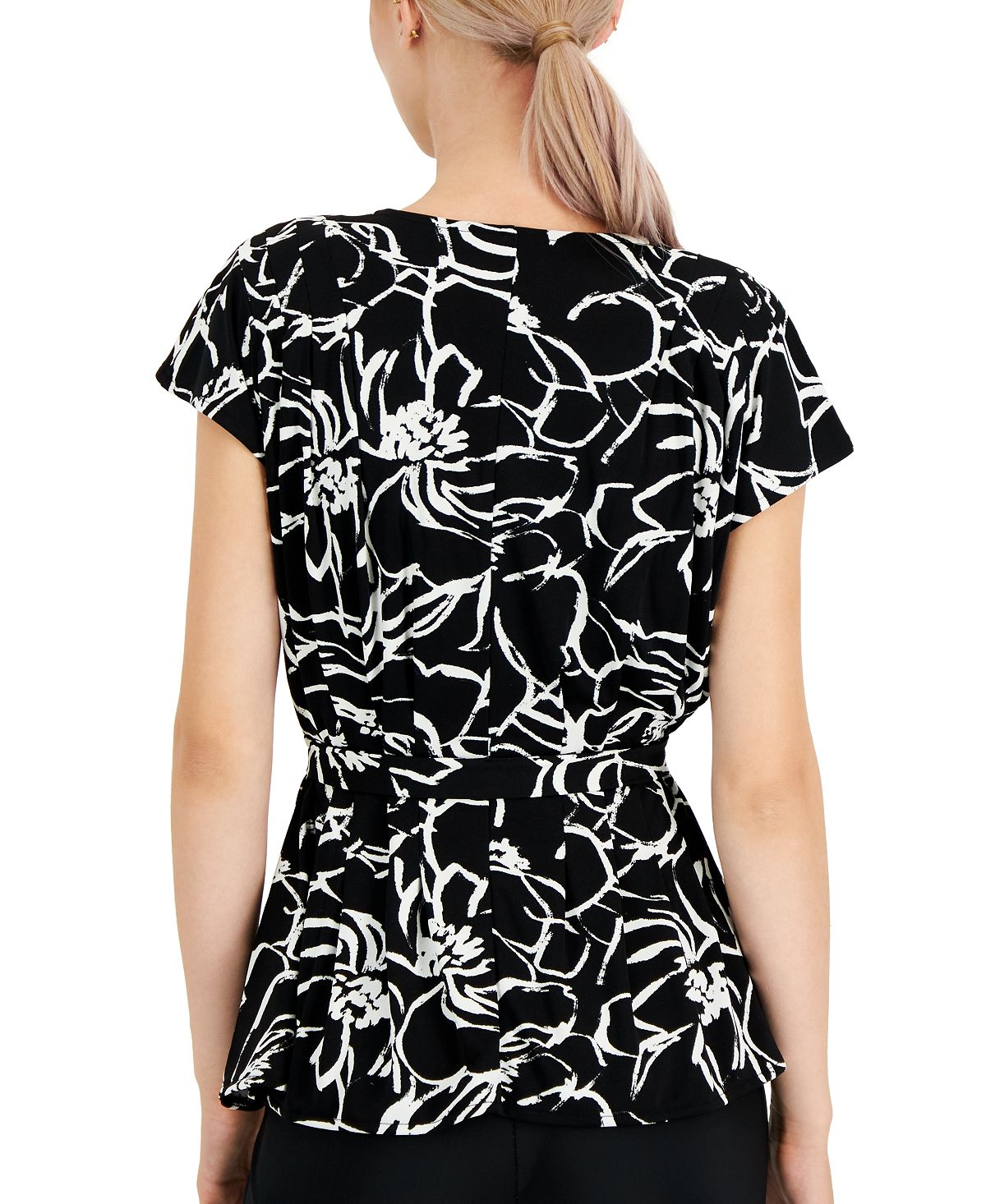 Alfani Women's V Neck Pleated Tie Waist Short Sleeve Top Black Size Medium