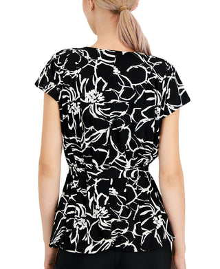 Alfani Women's V Neck Pleated Tie Waist Short Sleeve Top Black Size Medium