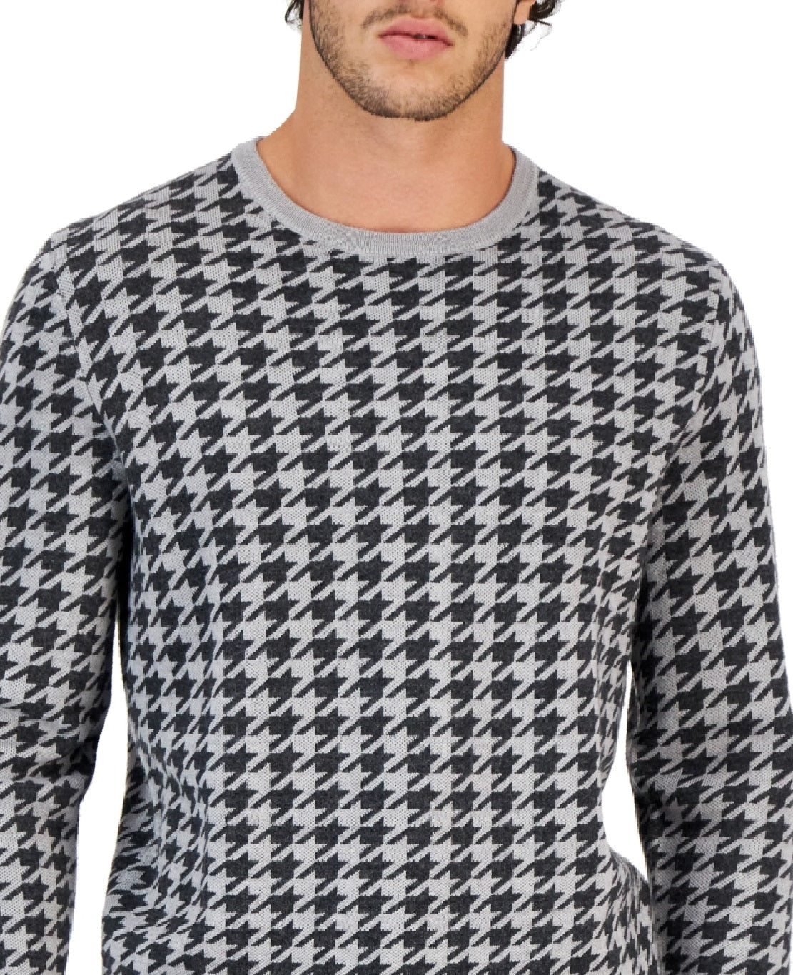Club Room Men's Merino Houndstooth Crewneck Sweater Gray Size Medium