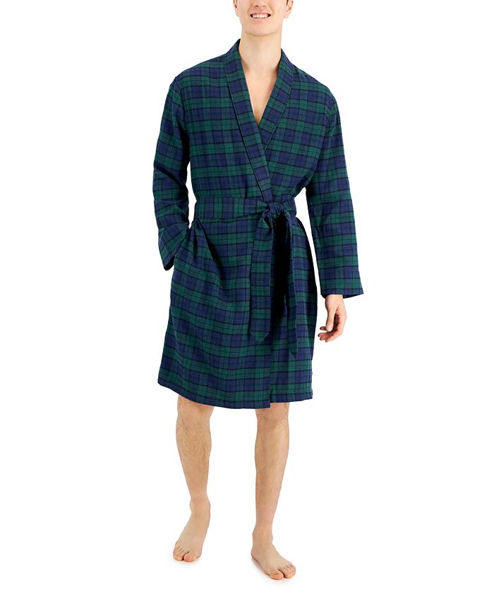 Club Room Men's Plaid Plush Flannel Robe Blue Size Small