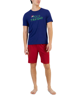 Club Room Men's Holiday 2 Pc Graphic Short Sleeve T Shirt & Solid Pajama Shorts Set Blue Size XX-Large