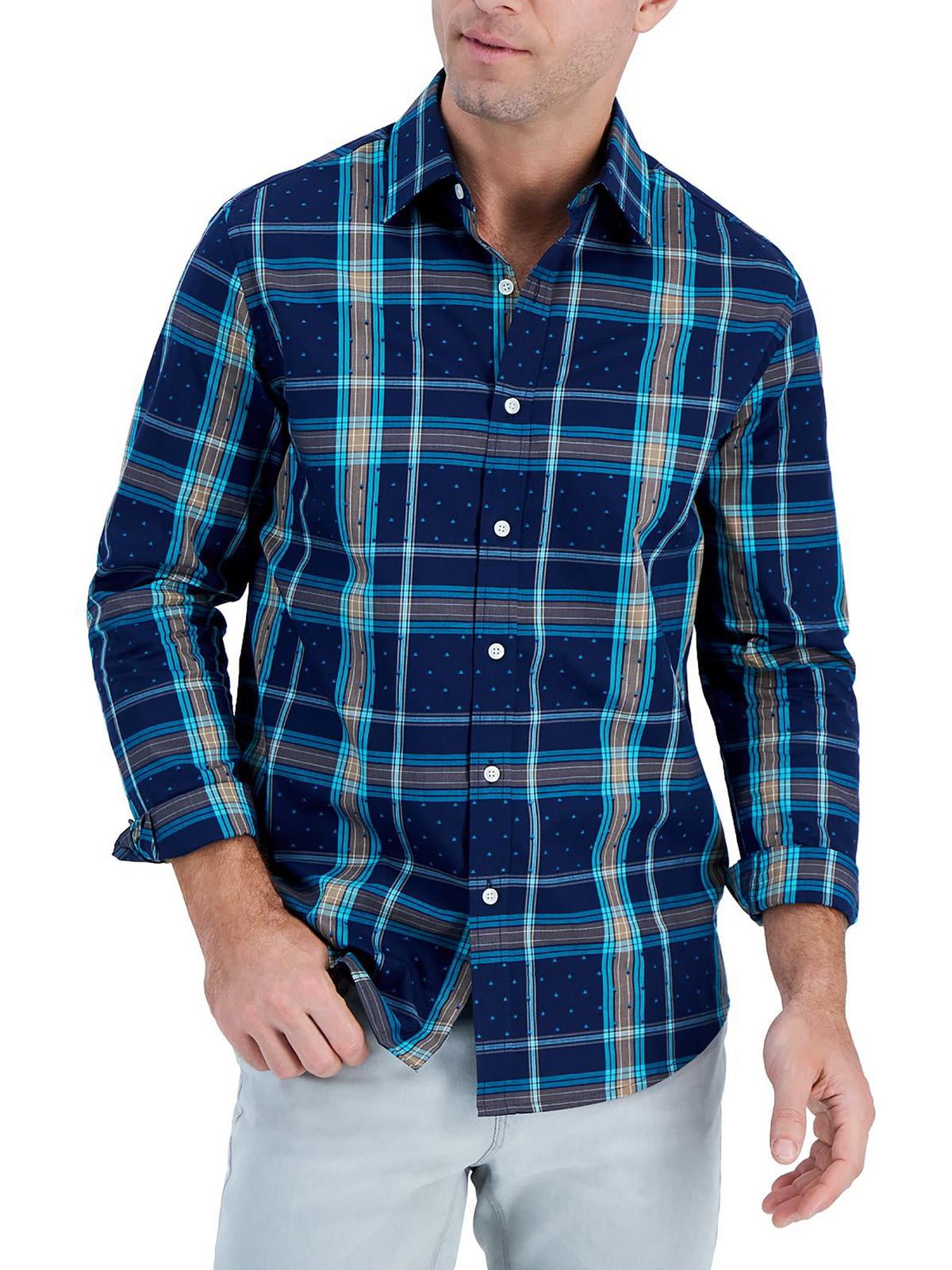 Club Room Men's Cotton Plaid Button Down Shirt Blue Size Small