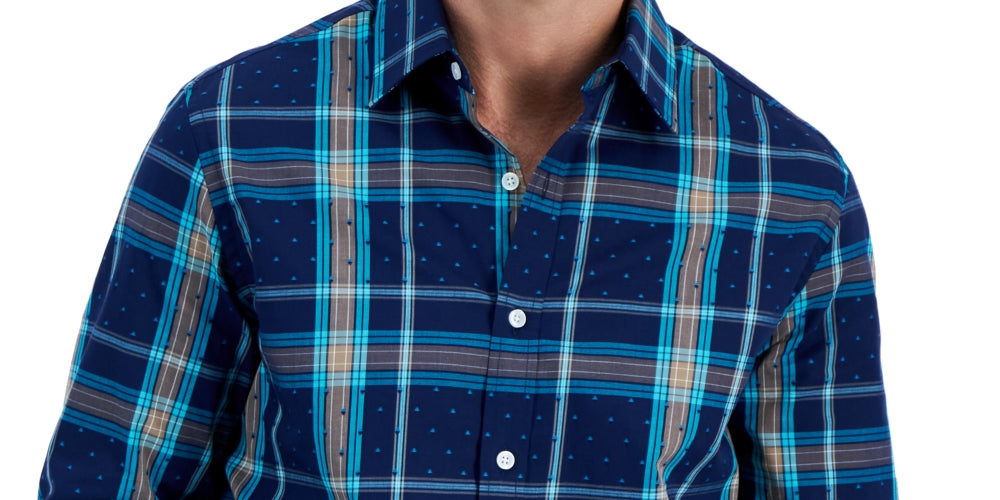 Club Room Men's Cotton Plaid Button Down Shirt Blue Size Small