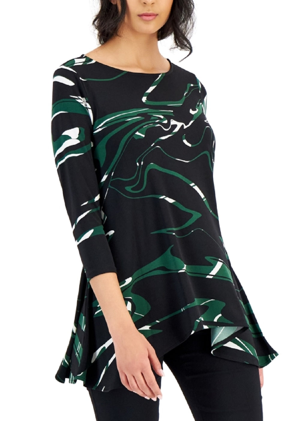 Alfani Women's Printed Asymmetrical Swing Knit Top Green Size Medium