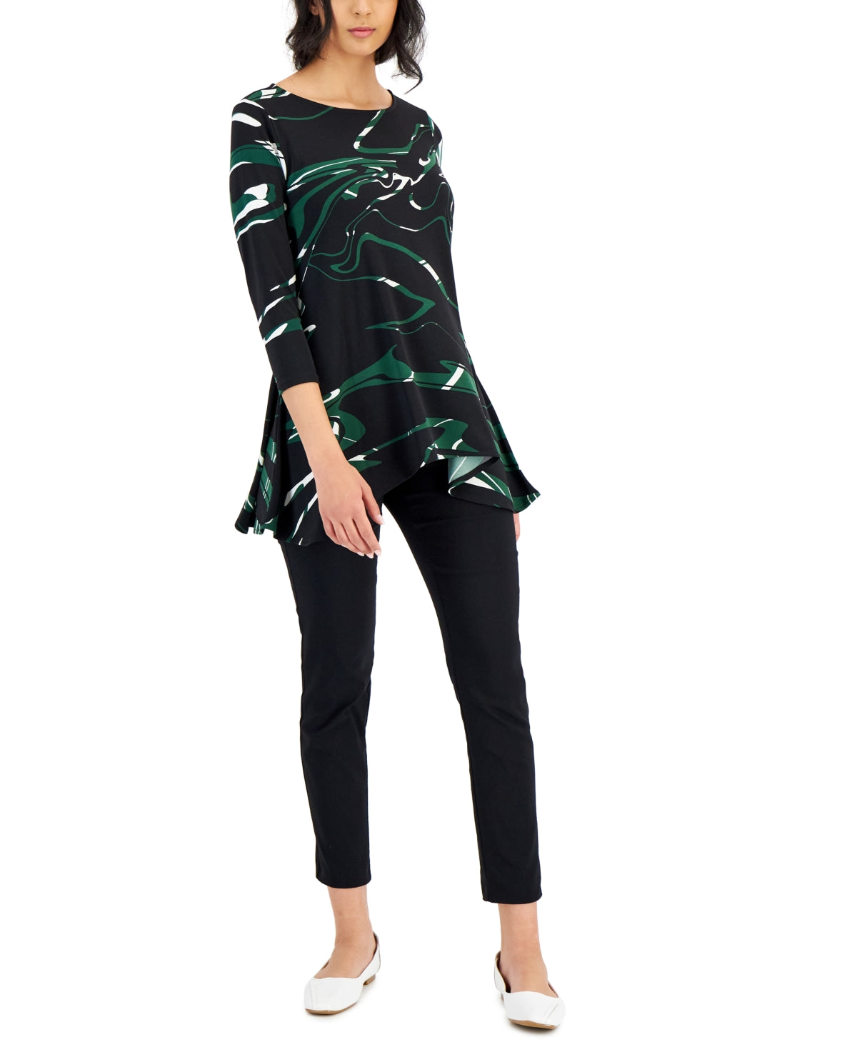 Alfani Women's Printed Asymmetrical Swing Knit Top Green Size Medium