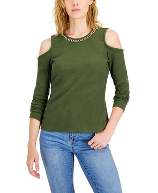 INC International Concepts Women's Ribbed Cold Shoulder Chain Top Green Size XXL