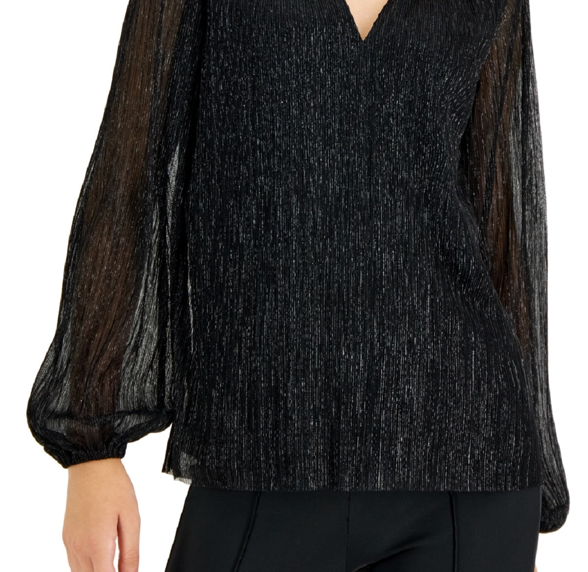 Alfani Women's Metallic Peasant Top Black Size 44