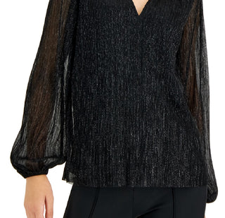 Alfani Women's Metallic Peasant Top Black Size 44