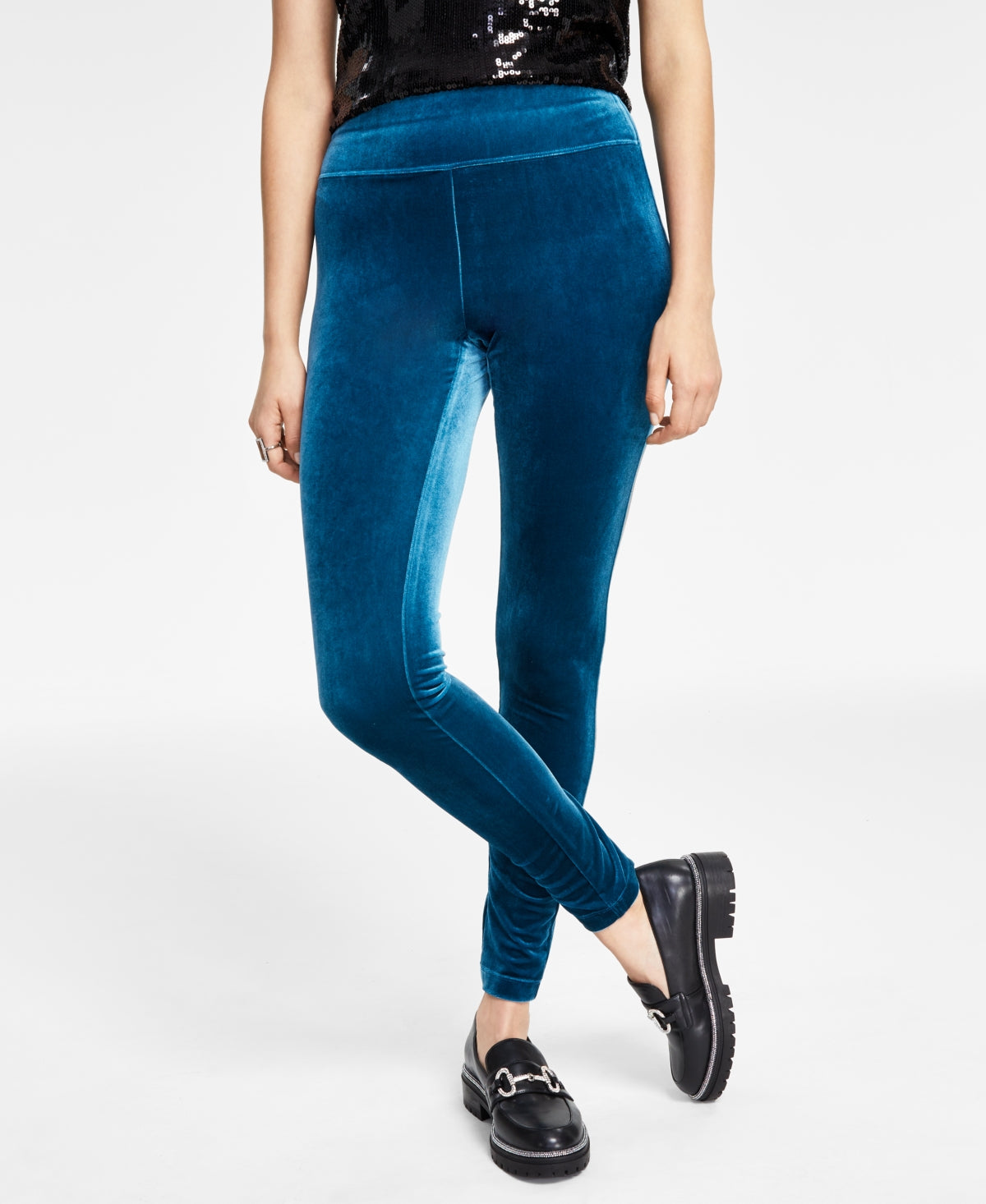 INC International Concepts Women's Velvet Non Seam Skinny Leggings Blue Size TBD