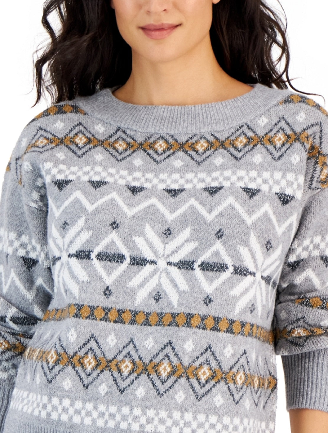 Style & Co Women's Fair Isle Pullover Sweater Gray Size Large