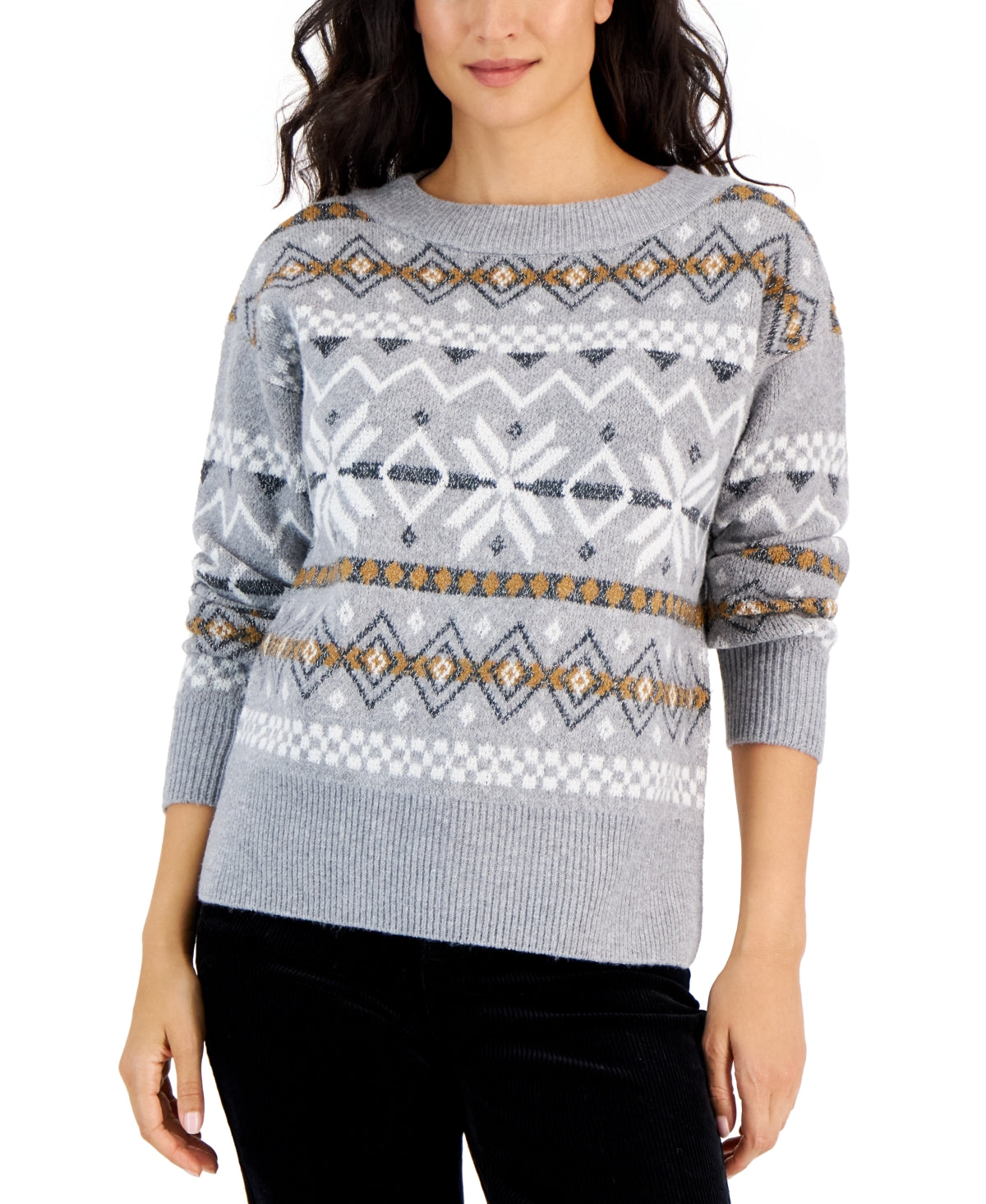 Style & Co Women's Fair Isle Pullover Sweater Gray Size Large