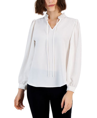 Alfani Women's Ruffled Tie Neck Solid Color Blouse White Size Medium