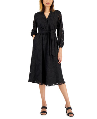 Alfani Women's Jacquard Mesh Sleeve Belted Shirtdress Black Size 4 Petite
