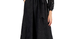 Alfani Women's Jacquard Mesh Sleeve Belted Shirtdress Black Size 4 Petite