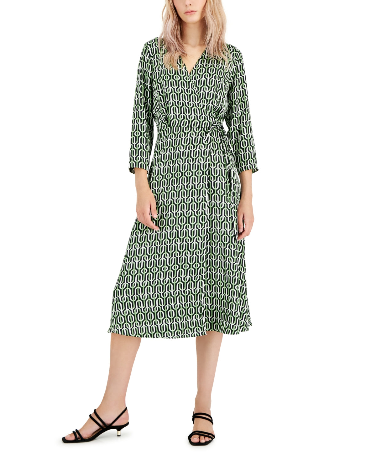 Alfani Women's Elbow Sleeve Satin Surplice Dress Green Size 16