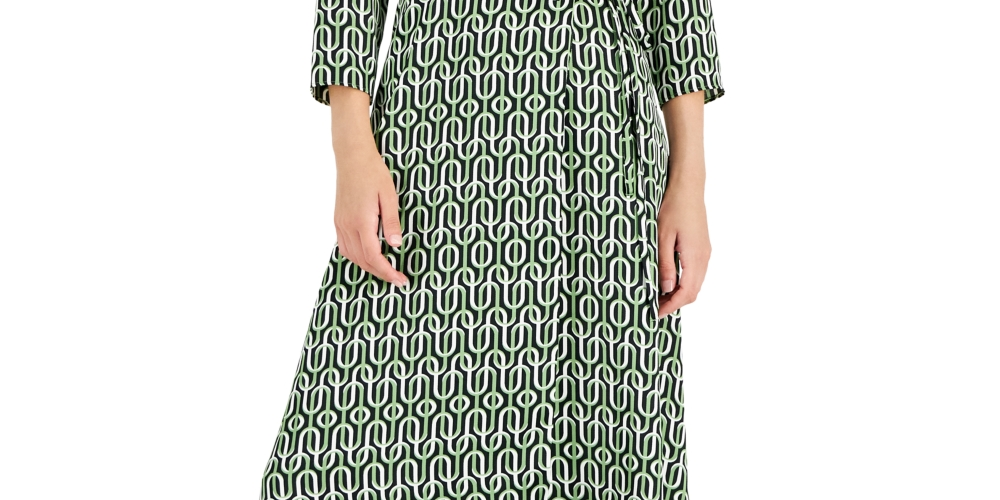 Alfani Women's Elbow Sleeve Satin Surplice Dress Green Size 16