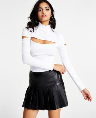 Bar III Women's Ribbed Mock Neck Long Sleeve Cutout Top White Size X-Small