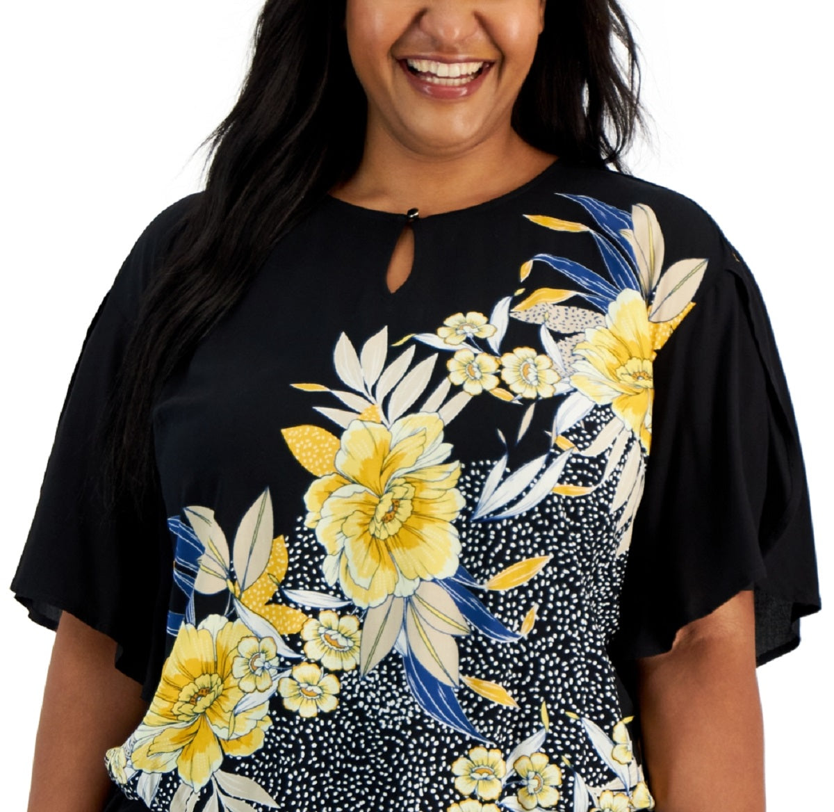 JM Collection Women's Keyhole Neck Floral Top Black Size 1X