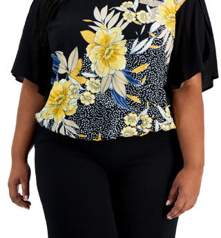 JM Collection Women's Keyhole Neck Floral Top Black Size 1X