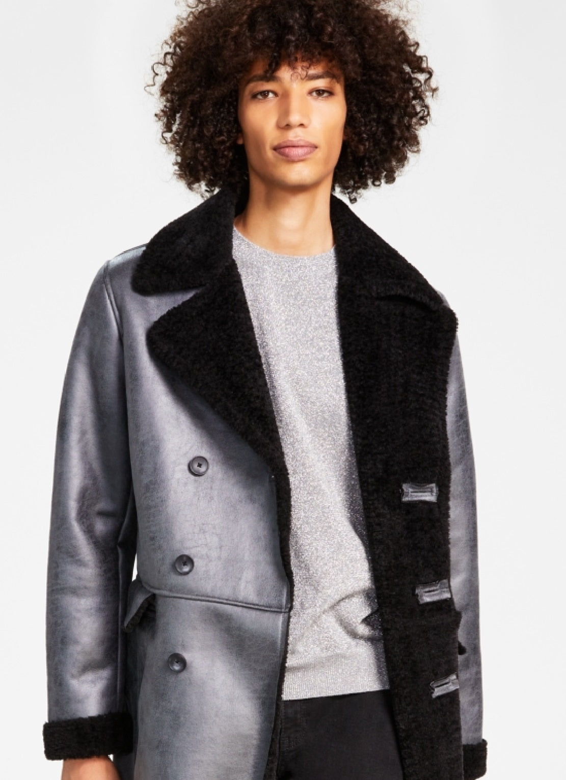 INC International Concepts Men's Classic Fit Faux Shearling Double Breasted Overcoat Gray Size Large