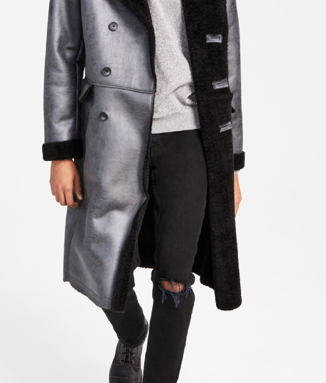 INC International Concepts Men's Classic Fit Faux Shearling Double Breasted Overcoat Gray Size Large