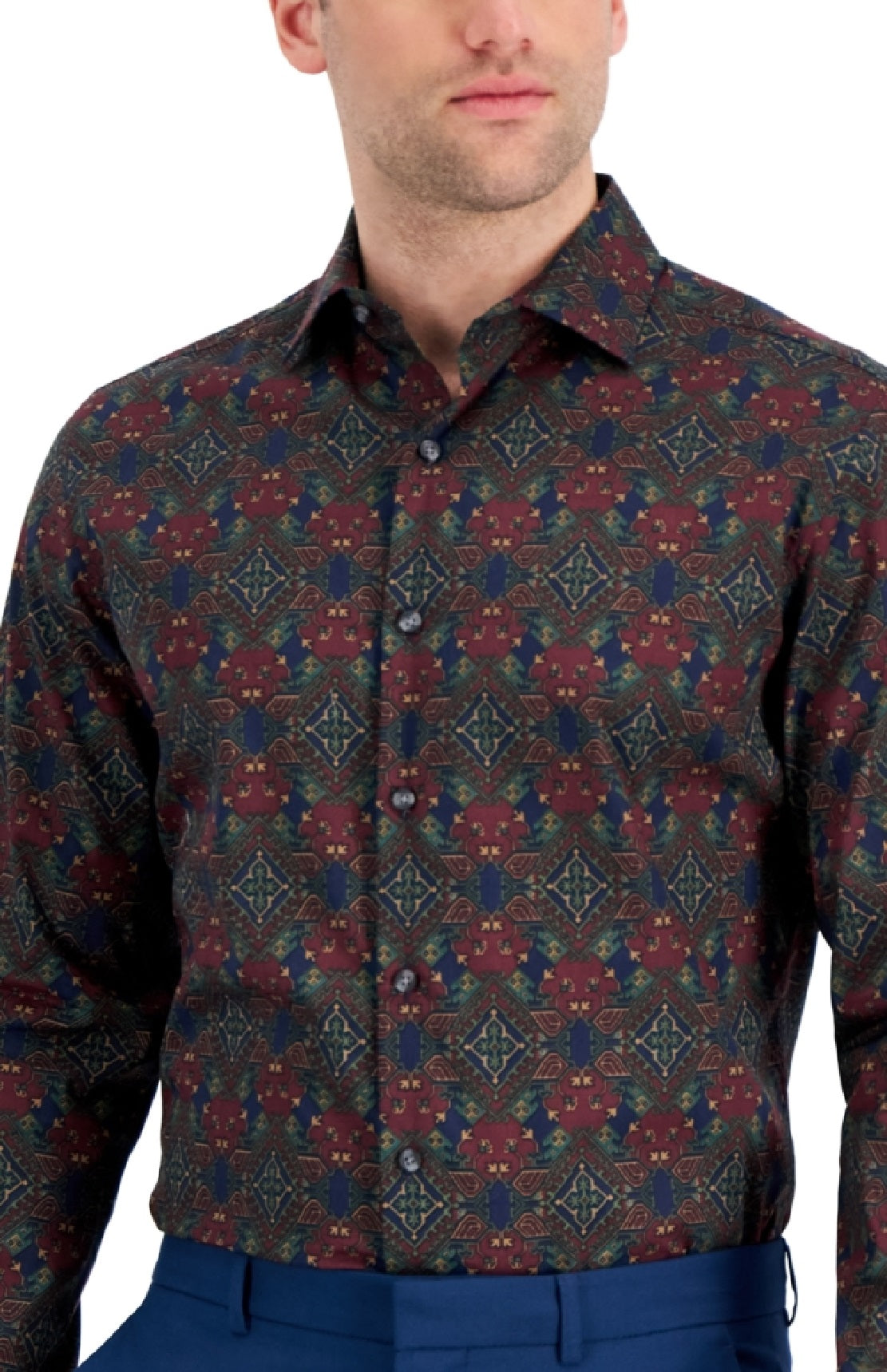 Bar III Men's Slim Fit Performance Stretch Geo Print Dress Shirt Blue Size Medium