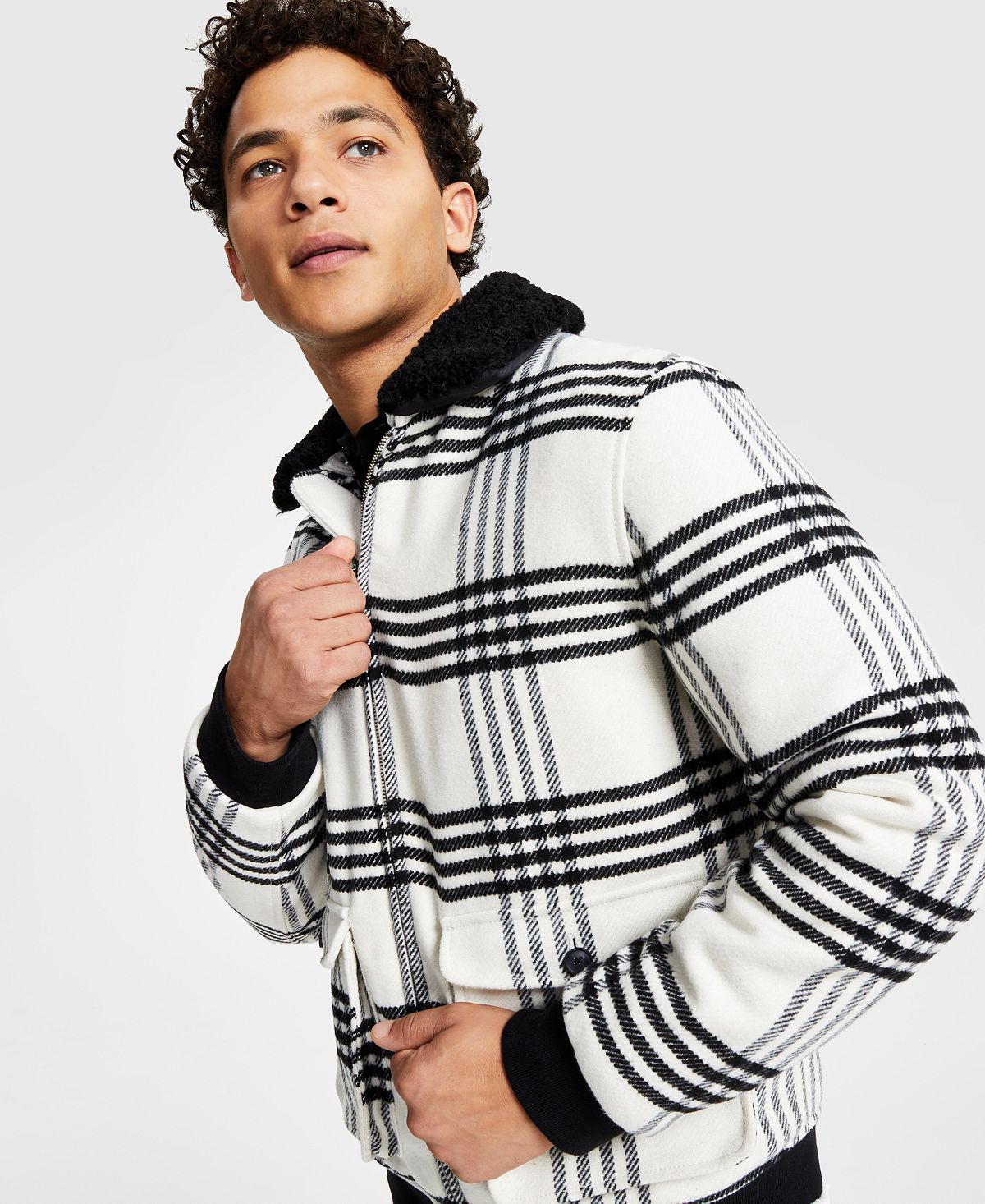 INC International Concepts Men's Loki Fleece Collar Zip Front Plaid Jacket White Size Small