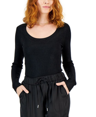 INC International Concepts Women's Foil Scoop Neck Sweater Black Size XX-Large