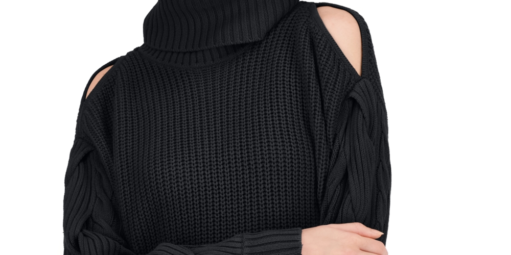 INC International Concepts Women's Cold Shoulder Cable Sleeve Sweater Black Size X-Small