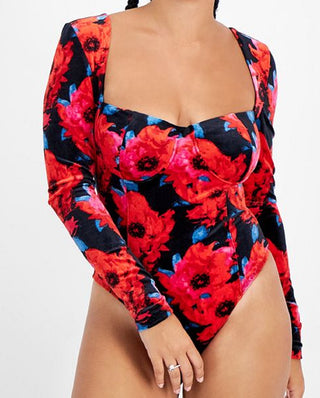 Bar III Women's Floral Print Square Neck Velvet Bodysuit Red Size Small