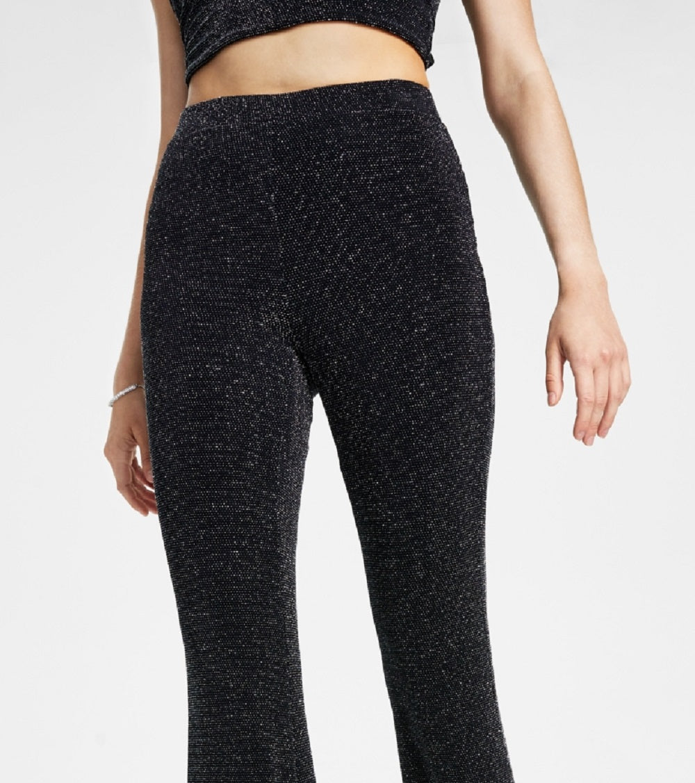 Bar III Women's Caviar Sparkle Flared Leg Pull On Pants Black Size Small
