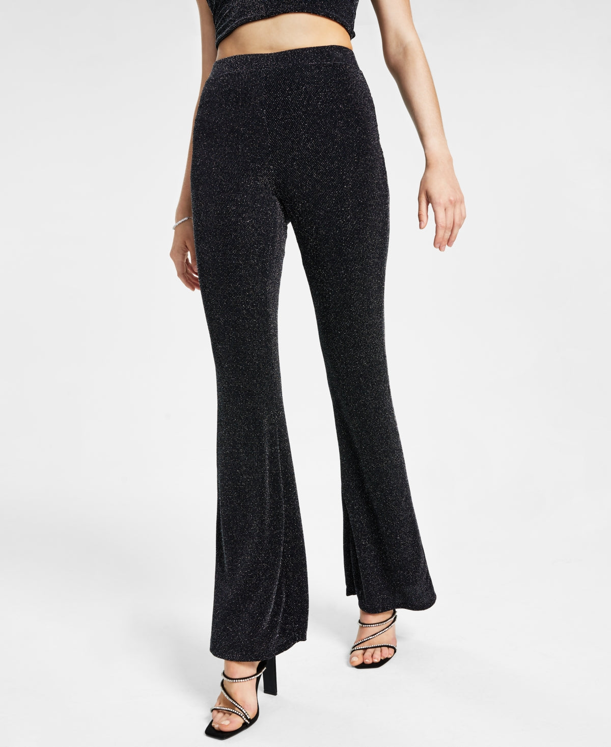 Bar III Women's Caviar Sparkle Flared Leg Pull On Pants Black Size Small