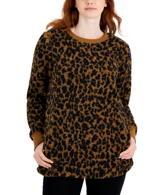 Style & Co Women's Printed Crewneck Fleece Tunic Brown Size Medium