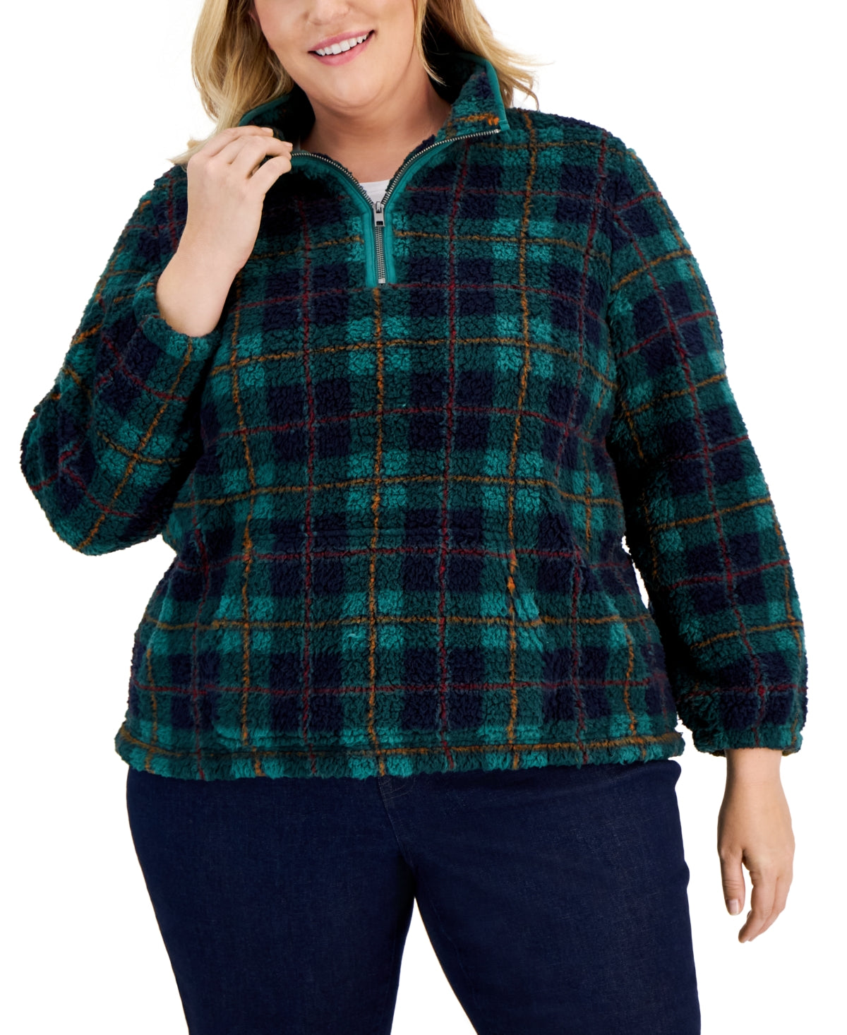 Style & Co Women's Plaid Sherpa Sweatshirt Green Size 2X