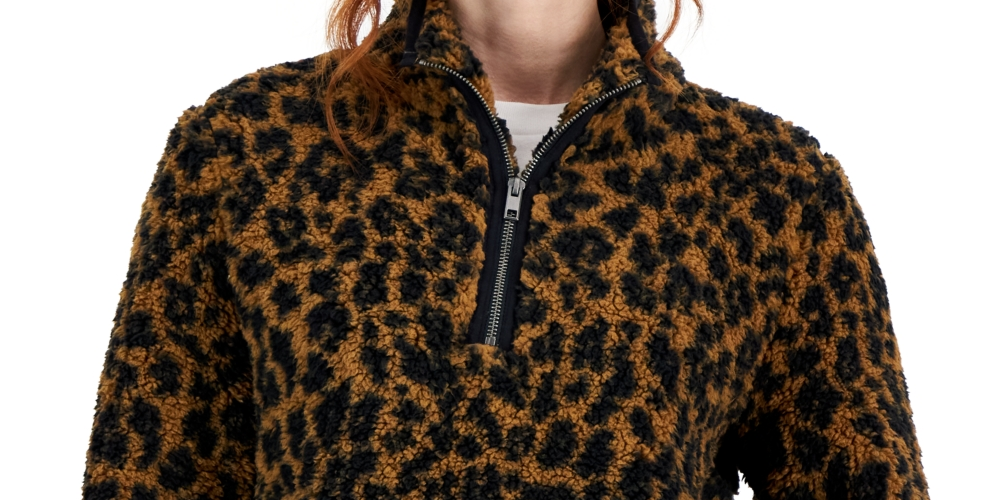 Style & Co Women's Printed Sherpa Quarter Zip Pullover Brown Size Petite X-Large