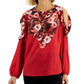 JM Collection Women's Cold Shoulder Mixed Media Floral Top Red Size Small