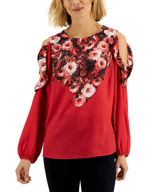 JM Collection Womens Cold Shoulder Mixed Media Floral Top Red Size Small