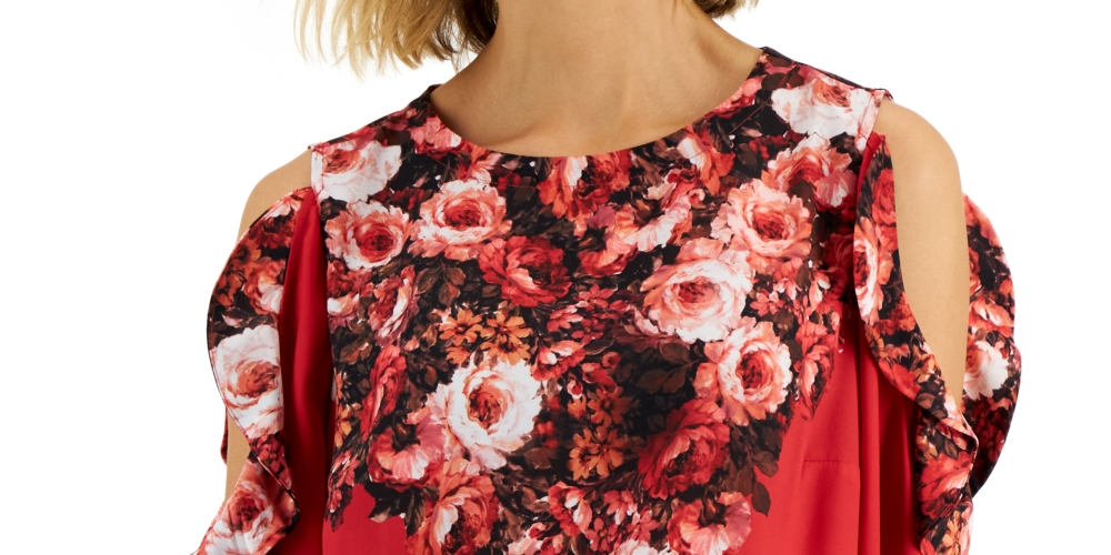 JM Collection Women's Cold Shoulder Mixed Media Floral Top Red Size Small
