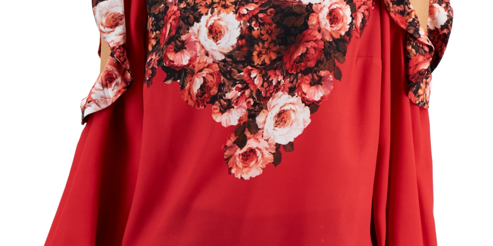 JM Collection Women's Cold Shoulder Mixed Media Floral Top Red Size Small